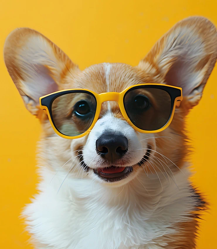 un piccolo cane allegro con occhiali da sole gialli